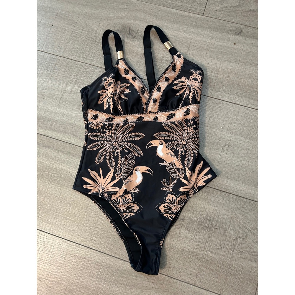 Black Tan Tropical Toucan Palm Print One Piece Swimsuit V-Neck Gold Hardware